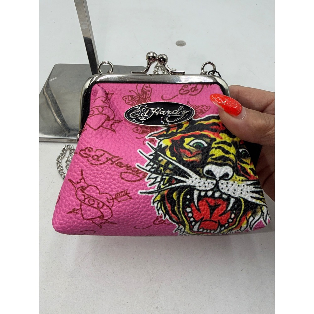 Ed Hardy Pink Tiger Tattoo Kiss Lock Coin Purse Chain Strap EHW11705N-42-PKR NEW - Picture 6 of 7